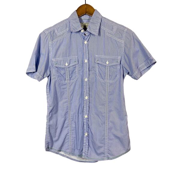 Burton Tops - Burton Contrast Stitch Button Up Shirt Short Sleeve Stripe Casual Sport - S